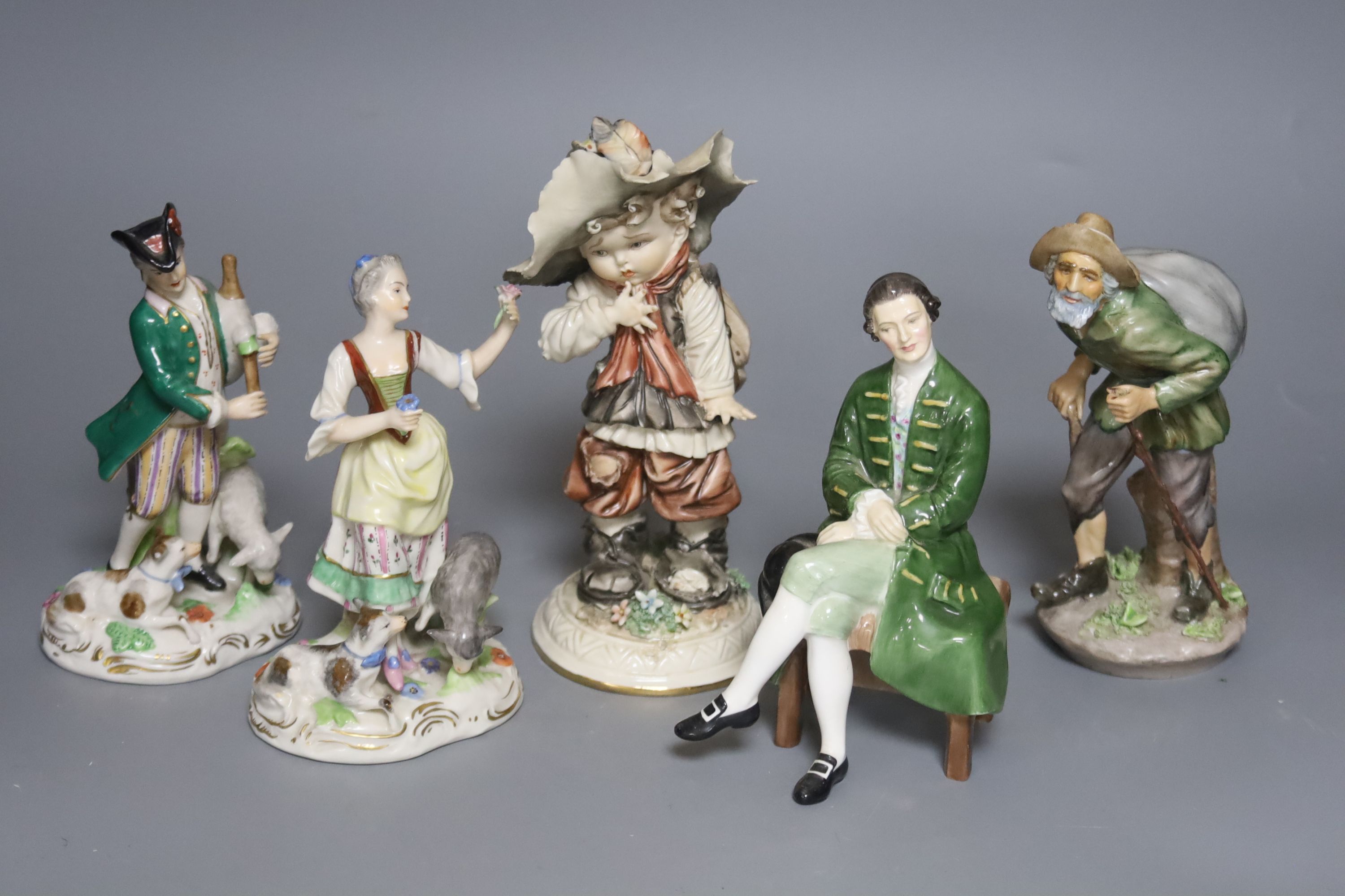 A Doulton figure 'A Gentleman from Williamburg', HN2227, four Continental porcelain figures and a pair of vases